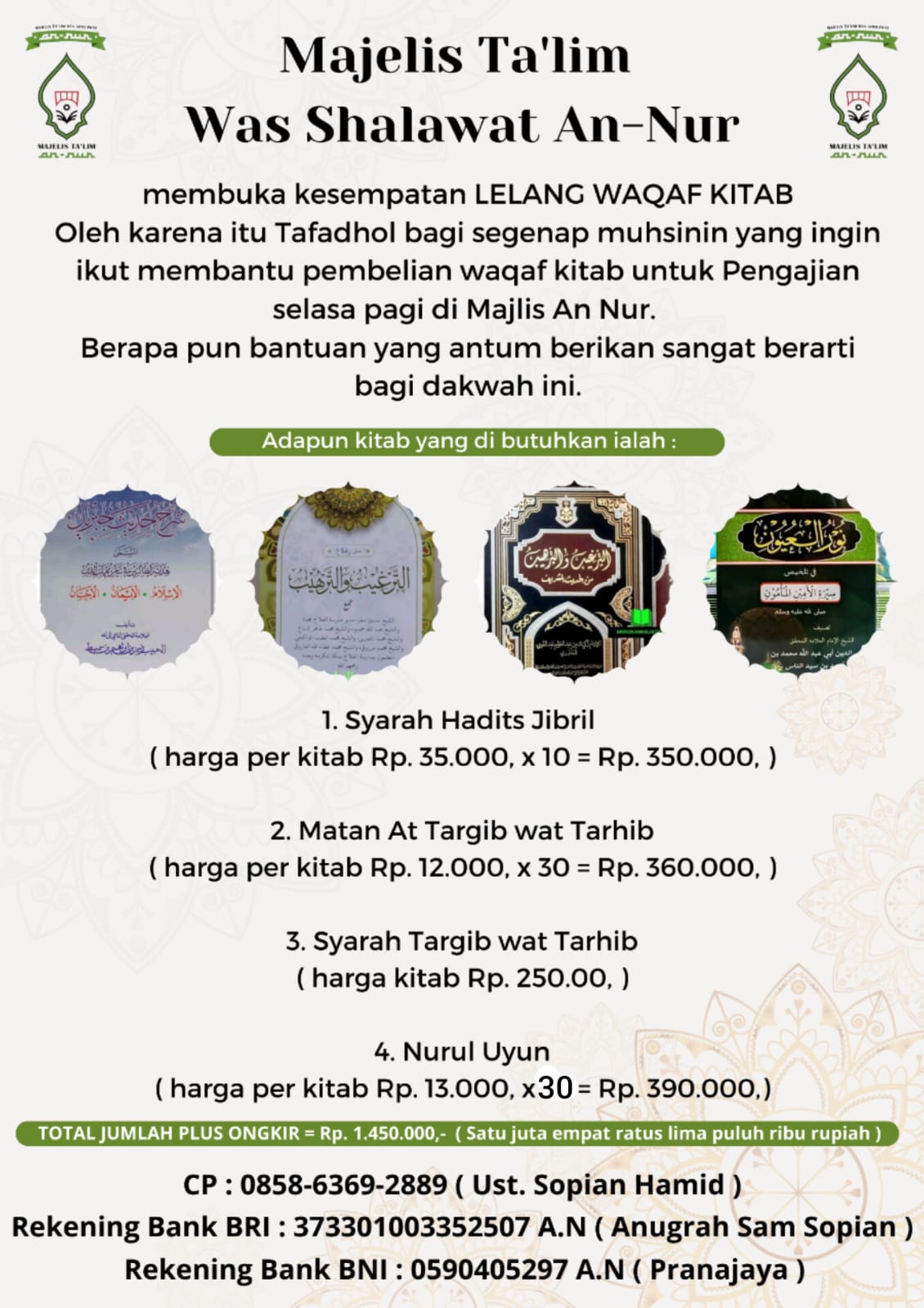 Majelis Ta'lim Was Shalawat An-Nur membuka kesempatan LELANG WAQAF KITAB
