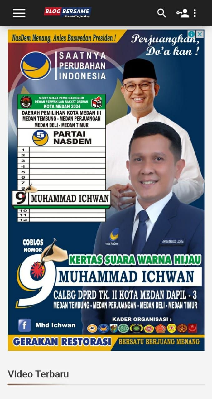 Muhammad Ichwan CALEG Partai Nasdem NO 9 Dapil 3 Kota Medan Mengucapkan Syukur Kembali Menjadi DCT